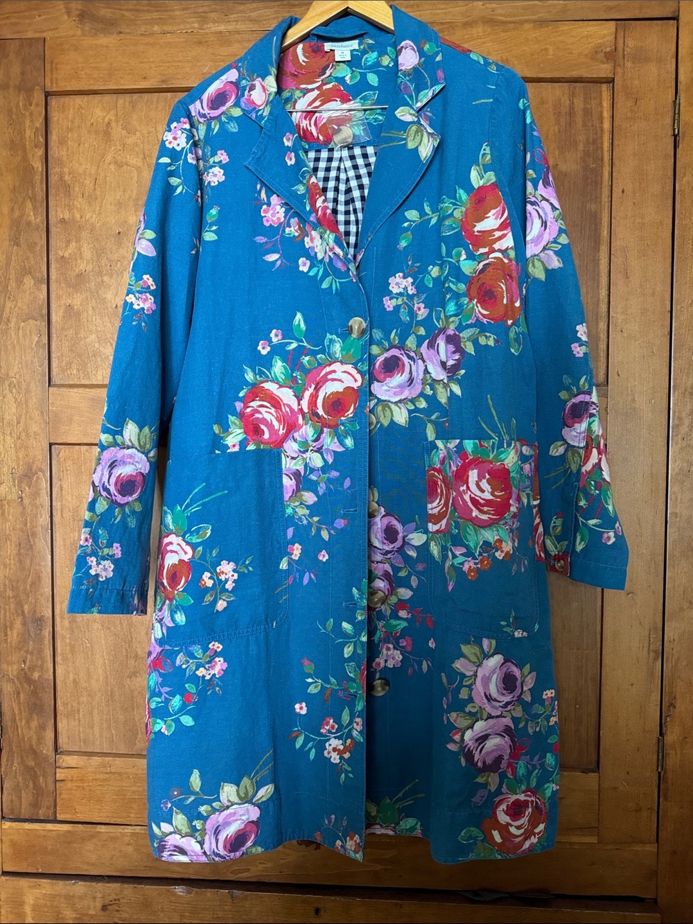 Sundance Teal Floral Linen Duster Coat - Blue Floral Gingham Lined